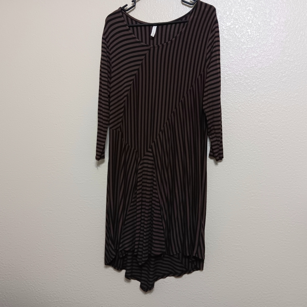 Match Point Taupe Brown Black Striped Jersey Knit Asymmetric Dress